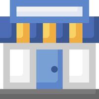 A small business building with a blue and yellow awning vector