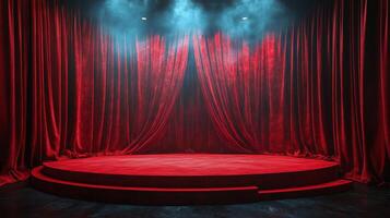 Red velvet stage set for a dramatic performance with spotlight and smoke effects at night photo