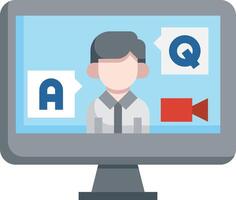 A man is sitting in front of a computer screen with a q and a q vector