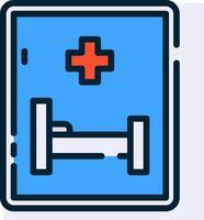 A blue and white icon of a bed and a cross vector
