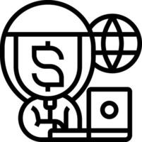 A black and white icon of a person with a laptop and a globe vector