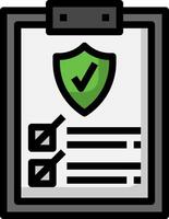 A clipboard with a green check mark and a shield vector