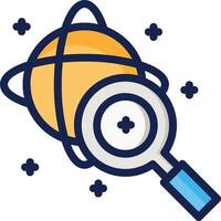 Magnifying glass icon with a planet and stars vector