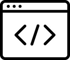 A black and white icon of a web page with a code symbol vector