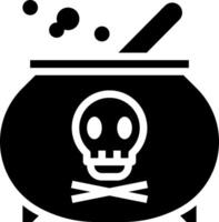 A black and white image of a cauldron with a skull and bones vector