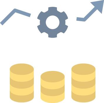 A stack of coins with an arrow pointing up and a gear vector