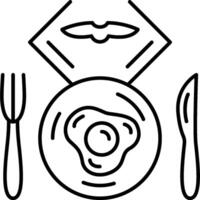 A black and white line drawing of a plate with a fork and knife vector