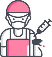 A man in a pink hat and a surgical mask holding a syringe vector