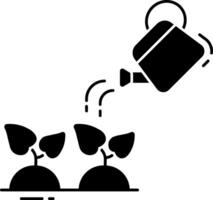 A watering can and two plants are shown in black and white vector