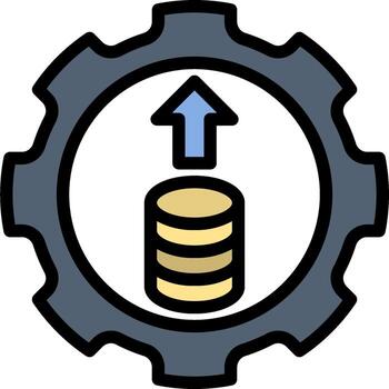 A gearwheel with a stack of coins and an arrow pointing up vector