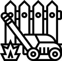 A black and white drawing of a fire truck and a fence vector