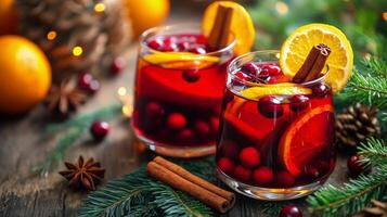 Festive holiday drinks featuring cranberries and oranges on a rustic wooden table in winter photo