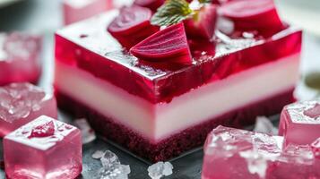 Colorful layered gelatin dessert garnished with mint on a plate with ice cubes photo