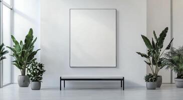 Modern minimalist interior design featuring plants and empty canvas in bright space photo