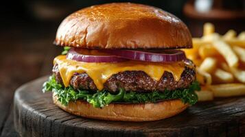 Delicious cheeseburger with lettuce, tomato, and onion served with golden fries on a wooden platter photo
