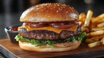 Delicious cheeseburger with lettuce, tomato, and onion served with golden fries on a wooden platter photo