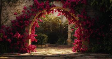 Bright bougainvillea blooms arching over a sunlit pathway in a tranquil garden during sunset photo