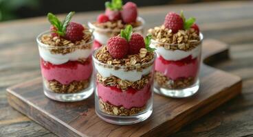 Delicious berry parfaits with granola and yogurt served on a wooden table photo
