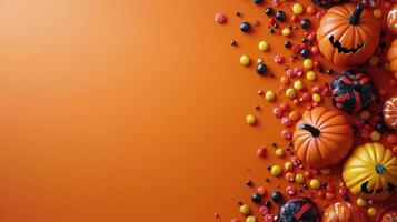 Brightly colored candies arranged on an orange background for a festive dessert display photo