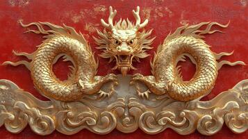 Golden dragon relief on a red background depicting cultural symbolism in traditional art photo