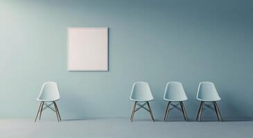 Modern waiting area with minimalist design featuring white chairs and a blank wall in light blue photo