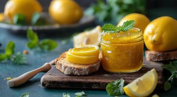 Delicious lemon marmalade in a jar on wooden toast with fresh lemons and mint in soft light photo