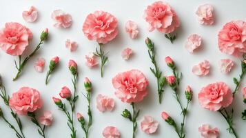 Delicate pink carnations arranged beautifully with scattered petals on a white background photo
