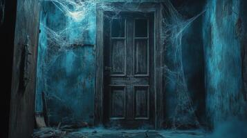 A dimly lit wooden door surrounded by cobwebs in a secluded, abandoned building photo