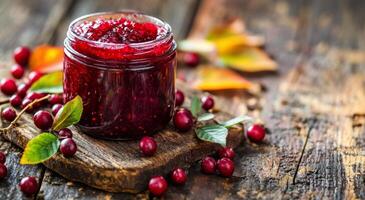 Freshly made cranberry jam in a jar on a rustic wooden table with autumn leaves photo