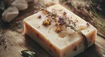 Handcrafted herbal soap with dried flowers on wooden surface in natural setting photo