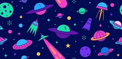 A colorful space background with planets and other objects vector