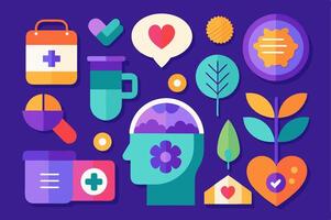 A purple background with various medical items vector