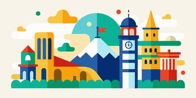 A colorful illustration of a city with buildings vector