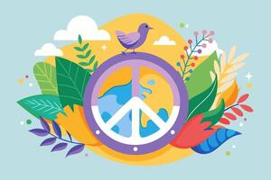 Peace symbol with flowers and birds on a blue background vector