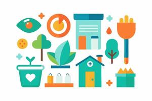 A flat icon set of various objects including a house, tree, and other items vector