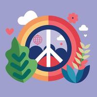Peace symbol with flowers and leaves on a purple background vector