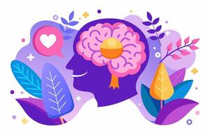 The brain is surrounded by flowers and leaves vector