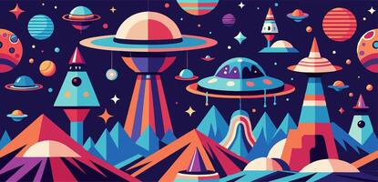 An illustration of a colorful space scene with flying saucers vector