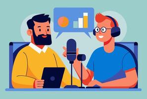 Two men are sitting at a table with a microphone and laptop vector