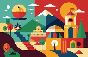 An illustration of a colorful landscape with mountains and trees vector