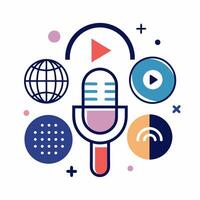 A microphone with a globe, microphone, and other icons vector