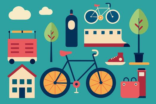 A flat design of various objects including a bicycle, a car, a bicycle, a bicycle rack vector