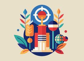 A colorful illustration of a tower with a globe and other objects vector