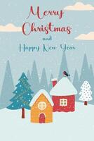 Cute Christmas card with winter theme. Winter forest with snowy houses and fir trees. vector
