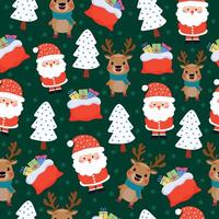 Christmas seamless pattern with Santa Claus, trees and deer. Winter repeating texture with New Year decorations. vector