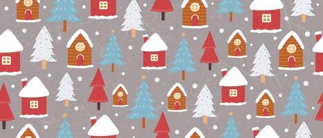 Seamless pattern winter forest with fir trees and snow-covered houses. vector