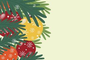 Bright Christmas background with hand drawn fir branches and toys. vector