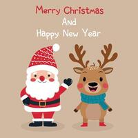 Merry Christmas and Happy New Year, greeting card with Santa Claus and reindeer. vector