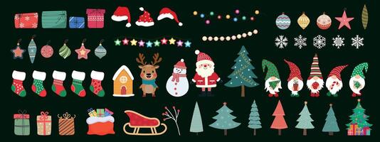 Big Christmas set of design elements. Christmas tree, Santa, toys and other New Year elements. vector