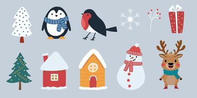 Set of Christmas design elements. Tree, penguin, deer, snow-covered houses, for New Year and Christmas cards. vector